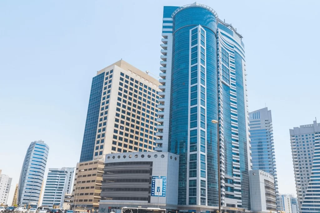 Modern skyscrapers in a city.