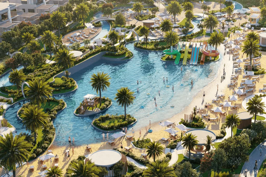 Aerial view of a large water park with pools, slides, and a lazy river.