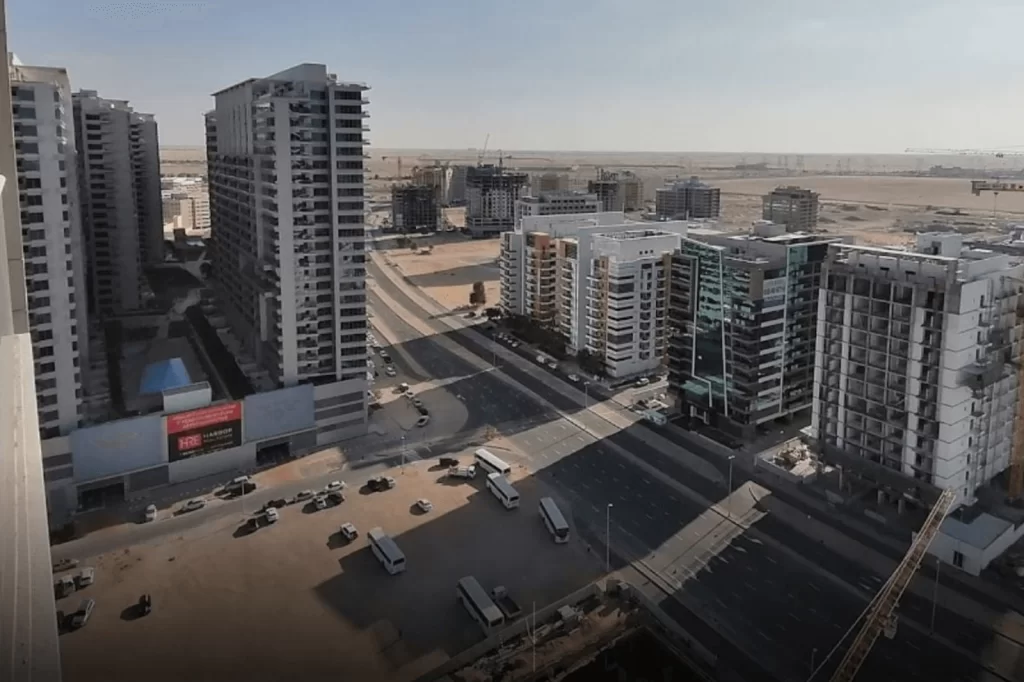 Urban area with high-rise buildings and construction.