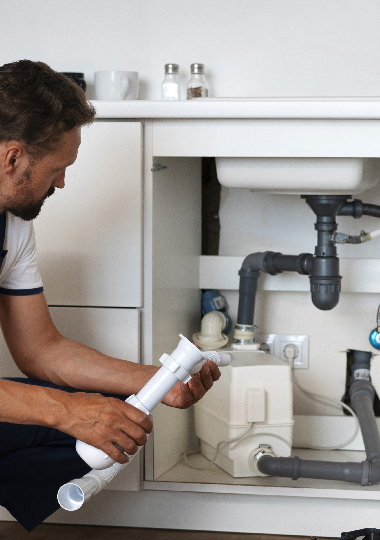 Man working on sink drain pipes.