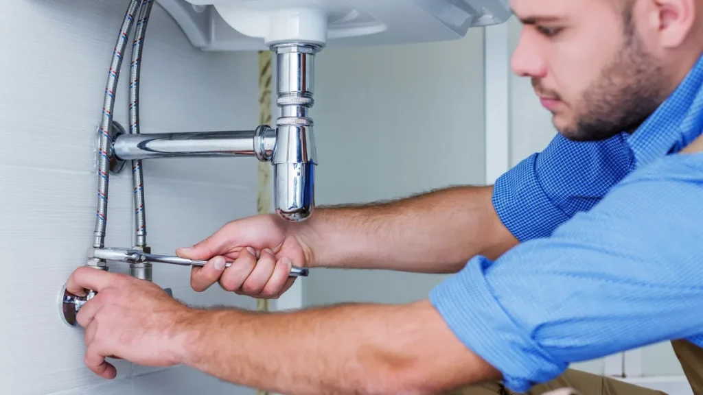 Man in blue shirt working on sink pipes with a wrench.