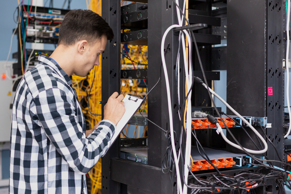 Technician with clipboard inspecting server racks.