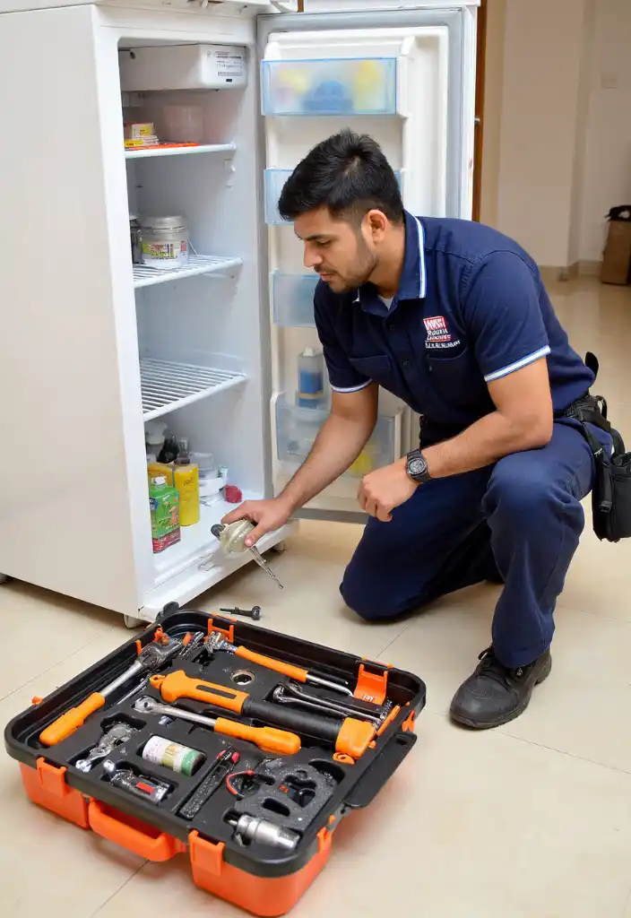 Technician working on a refrigerator with tools.