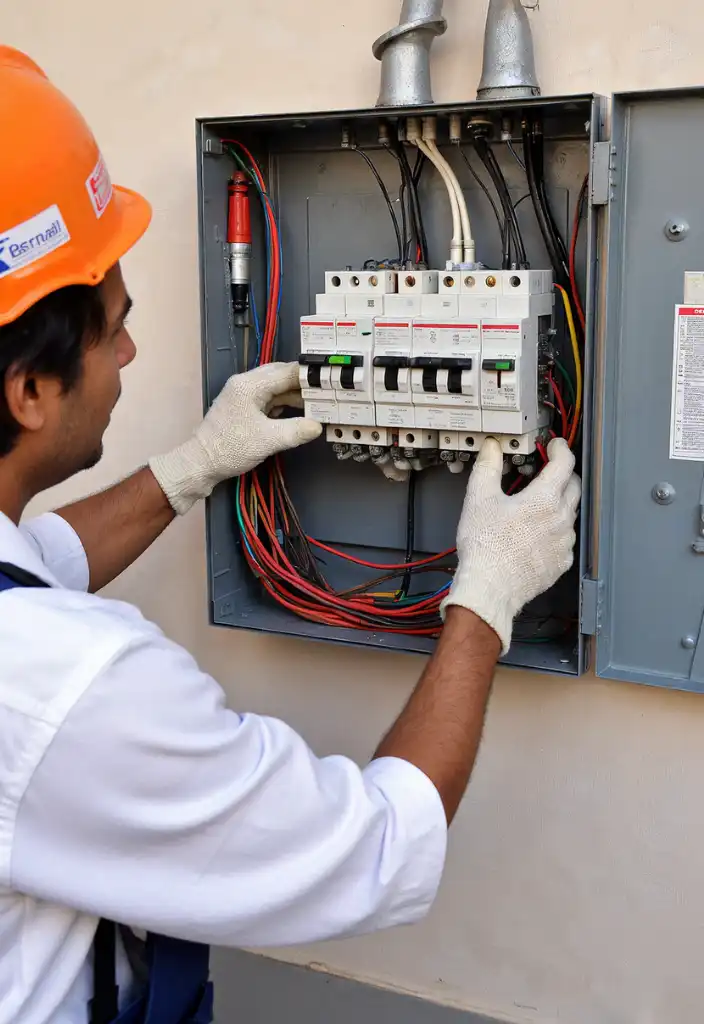 Electrician installing breakers in panel.