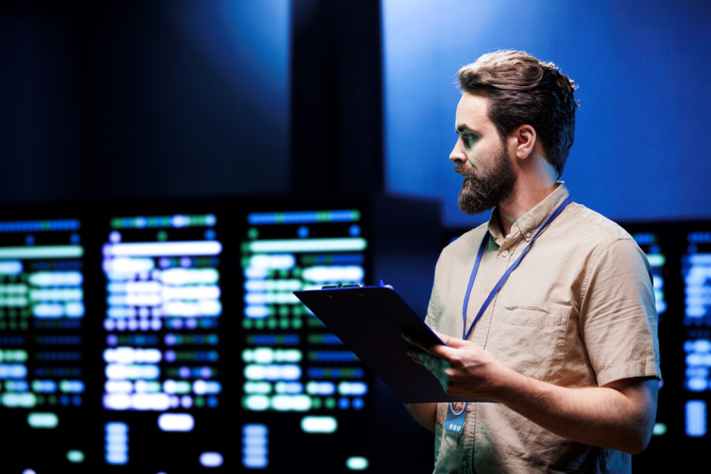 Bearded technician with clipboard in data center.